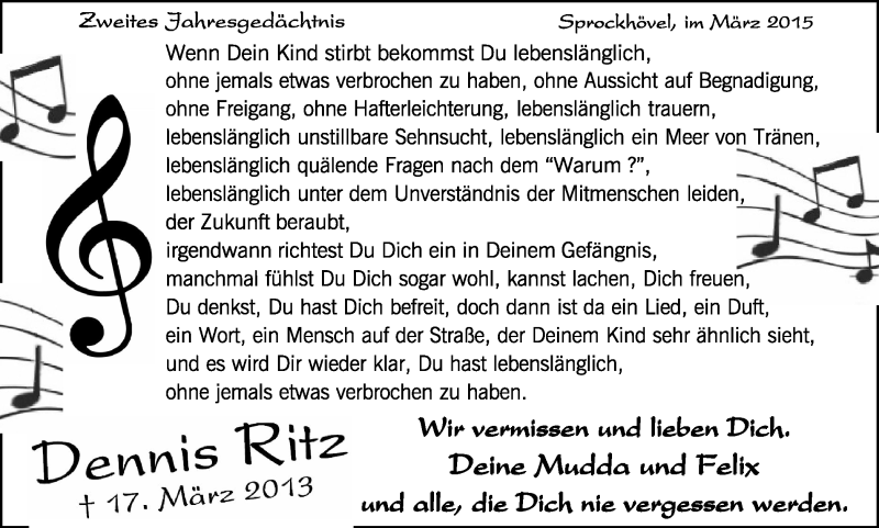 Traueranzeige für Dennis Ritz vom 14.03.2015 aus Stadtspiegel Hattingen/Niedersprockhövel