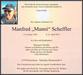 Traueranzeige von Manfred Scheffler von Klever Wochenblatt