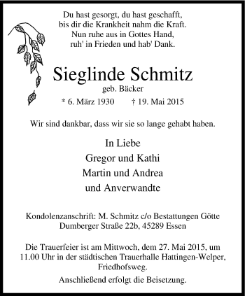 Traueranzeige von Sieglinde Schmitz von WVW Anzeigenblätter