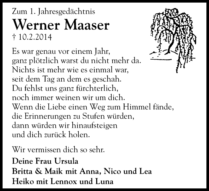  Traueranzeige für Werner Maaser vom 11.02.2015 aus Wochen-Anzeiger Oberhausen