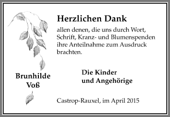 Traueranzeige von Brunhilde Voß von Stadtanz.Castrop-Rauxel