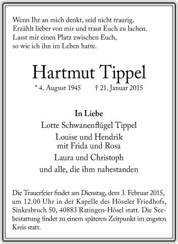 Traueranzeige von Hartmut Tippel von Stadtspiegel Essen