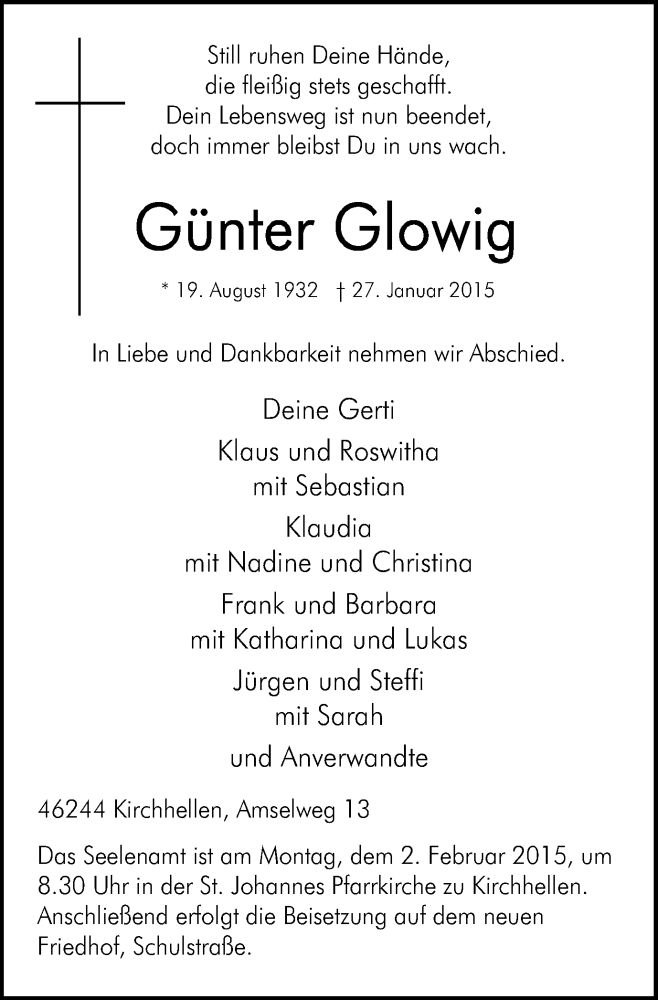  Traueranzeige für Günter Glowig vom 31.01.2015 aus Stadtspiegel Bottrop
