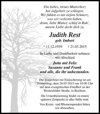 Traueranzeige von Judith Rest von Stadtspiegel Bochum + Wattenscheid