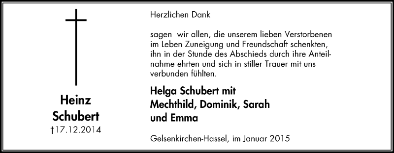  Traueranzeige für Heinz Schubert vom 14.01.2015 aus Stadtspiegel Gelsenkirchen