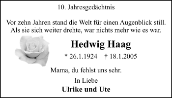 Traueranzeige von Hedwig Haag von Wochen-Anzeiger Oberhausen