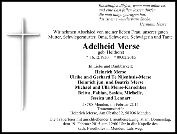 Traueranzeige von Adelheid Merse von WVW Anzeigenblätter