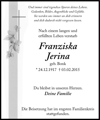 Traueranzeige von Franziska Jerina von WVW Anzeigenblätter