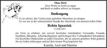 Traueranzeige von Robin Ignasiak von Stadtspiegel Iserlohn + Hemer
