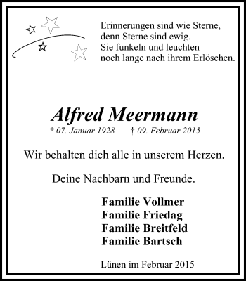 Traueranzeige von Alfred Meermann von WVW Anzeigenblätter