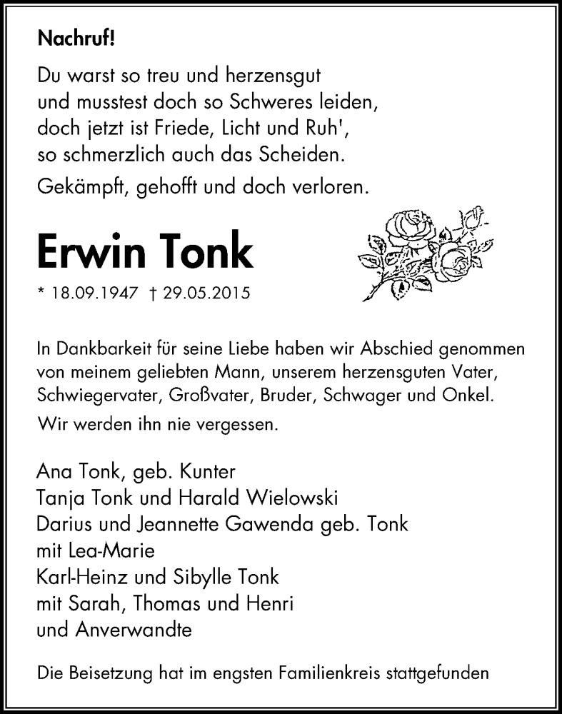 Traueranzeigen von Erwin Tonk | Trauer-in-NRW.de