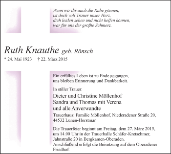 Traueranzeige von Ruth Knauthe von Lüner Anzeiger