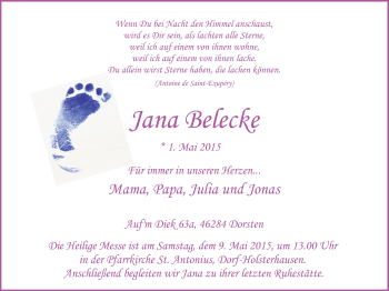 Traueranzeige von Jana Belecke von Stadtspiegel Haltern + Dorsten
