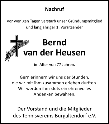 Traueranzeige von Bernd van der Heusen von Ruhr Kurier