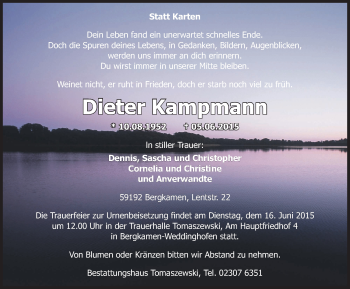 Traueranzeige von Dieter Kampmann von WVW Anzeigenblätter