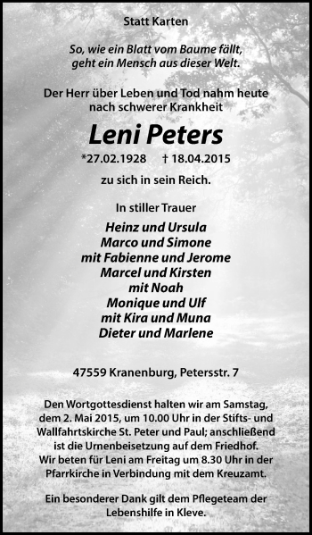 Traueranzeige von Leni Peters von Klever Wochenblatt