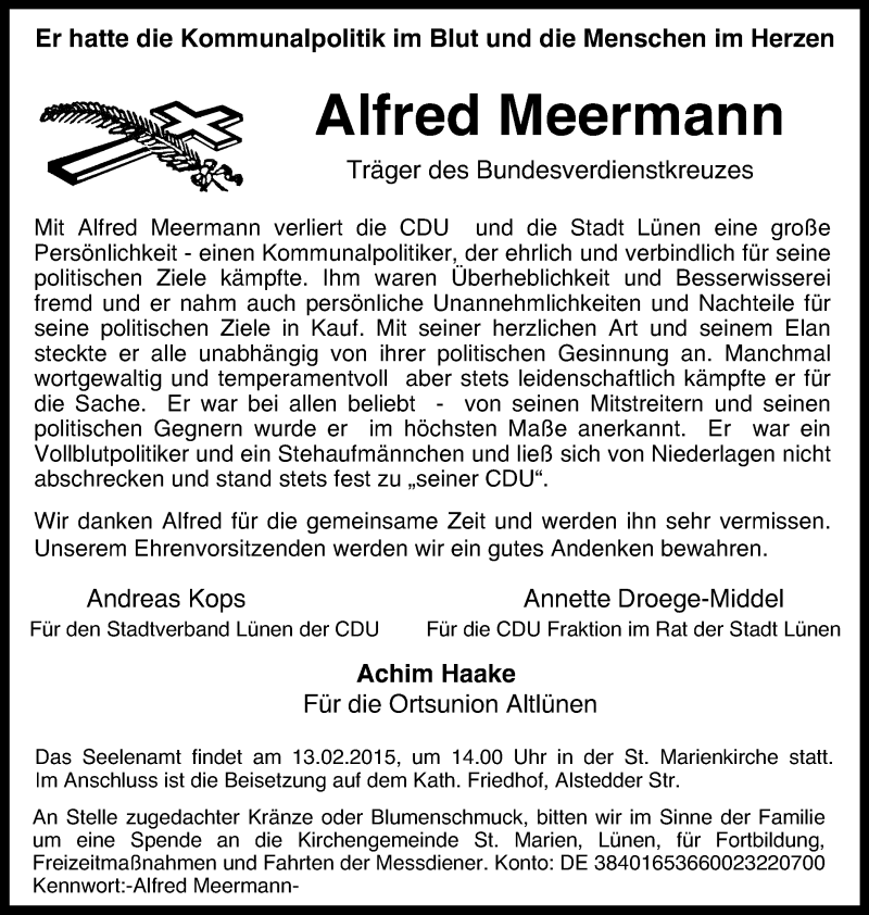  Traueranzeige für Alfred Meermann vom 11.02.2015 aus Lüner Anzeiger