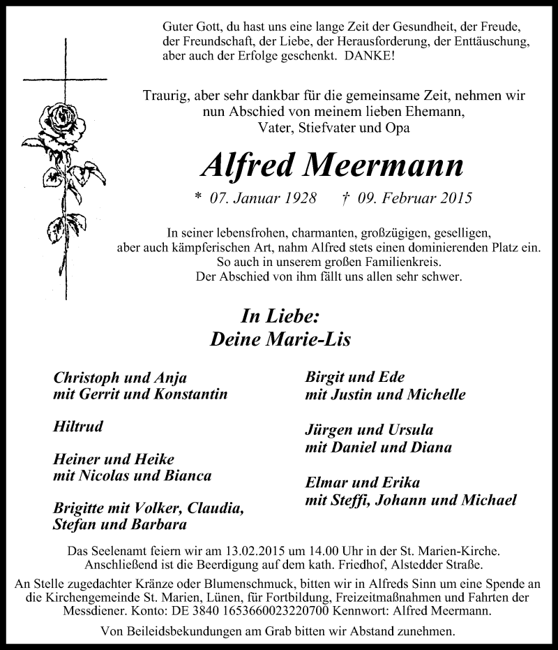  Traueranzeige für Alfred Meermann vom 11.02.2015 aus Lüner Anzeiger