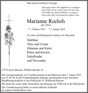 Traueranzeige von Marianne Roelofs von WVW Anzeigenblätter