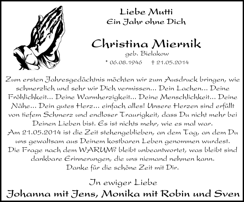  Traueranzeige für Christina Miernik vom 23.05.2015 aus WVW Anzeigenblätter