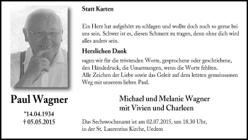 Traueranzeige von Paul Wagner von Klever + Gocher Wochenblatt