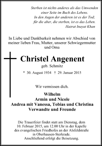 Traueranzeige von Christel Angenent von Wochen-Anzeiger Oberhausen