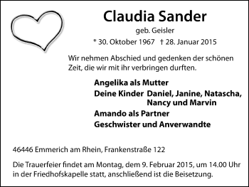 Traueranzeige von Claudia Sander von Stadtanzeiger Emmerich/Rees/Isselburg