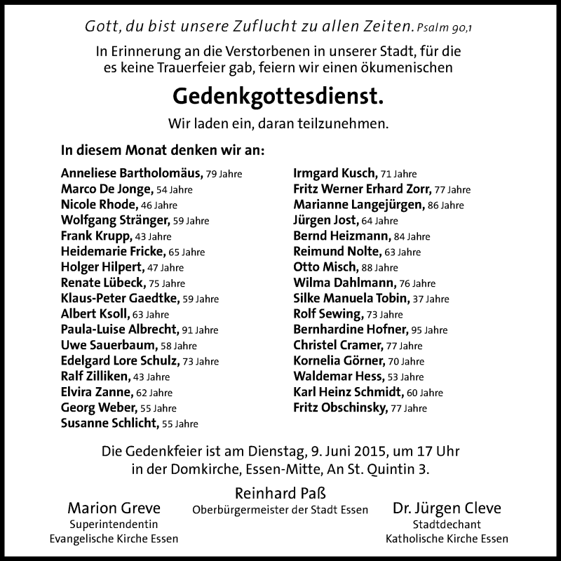  Traueranzeige für in Gedenken (Domkirche - Essen) vom 06.06.2015 aus Stadtspiegel Essen