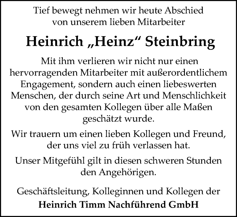  Traueranzeige für Heinrich Heinz Steinbring vom 21.02.2015 aus WVW Anzeigenblätter