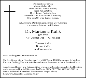 Traueranzeige von Marianna Kulik von Klever Wochenblatt