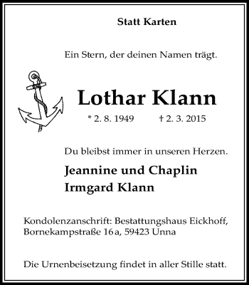 Traueranzeige von Lothar Klann von Stadtspiegel Kamen + Unna