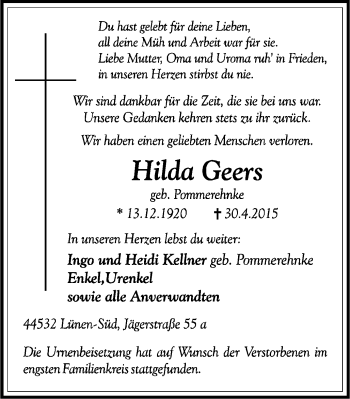 Traueranzeige von Hilda Geers von Lüner Anzeiger