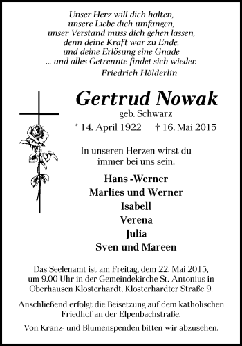 Traueranzeige von Gertrud Nowak von Wochen-Anzeiger Oberhausen