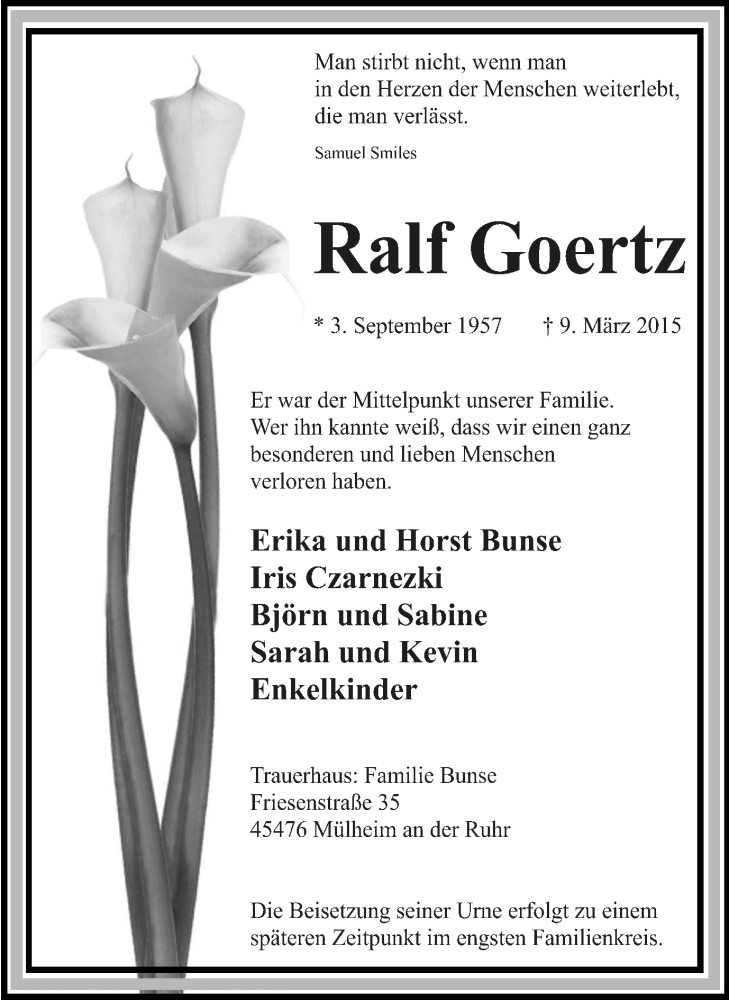  Traueranzeige für Ralf Goertz vom 14.03.2015 aus Mülheimer Woche