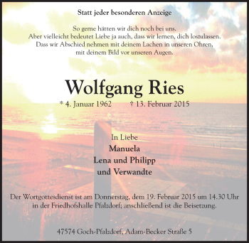 Traueranzeige von Wolfgang Ries von Gocher Wochenblatt