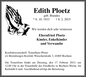 Traueranzeige von Edith Ploetz von WVW Anzeigenblätter