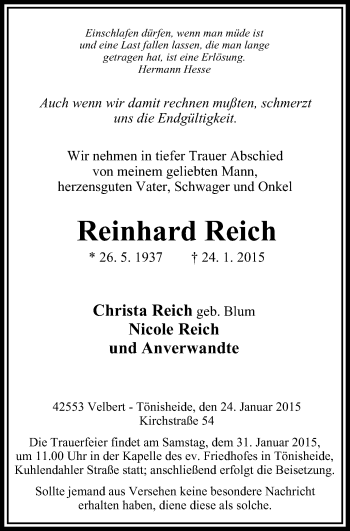 Traueranzeige von Reinhard Reich von Stadtanzeiger Velbert + Heiligenhaus