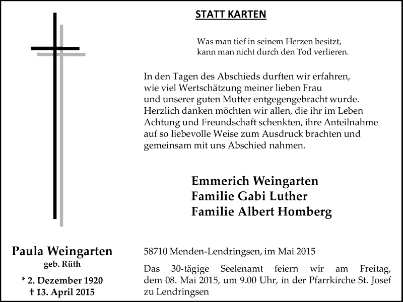 Traueranzeige für Paula Weingarten vom 02.05.2015 aus Stadtspiegel Menden + Froendenberg