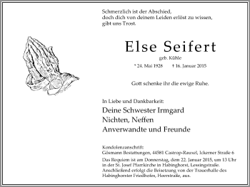 Traueranzeige von Else Seifert von Stadtanz.Castrop-Rauxel