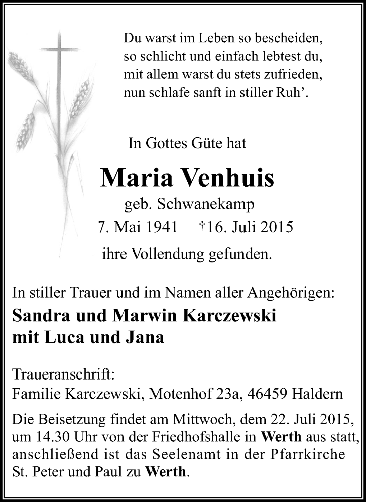  Traueranzeige für Maria Venhuis vom 18.07.2015 aus Stadtanzeiger Emmerich/Rees/Isselburg