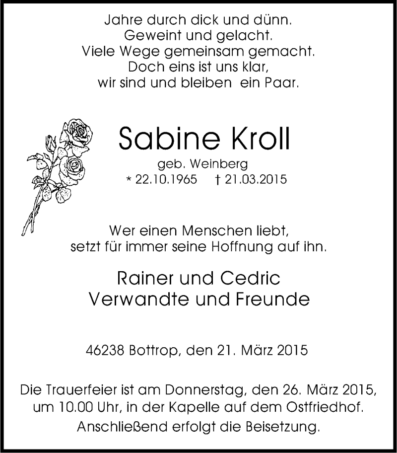  Traueranzeige für Sabine Kroll vom 25.03.2015 aus Stadtspiegel Bottrop
