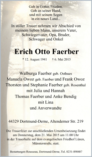 Traueranzeige von Erich Otto Faerber von Lüner Anzeiger