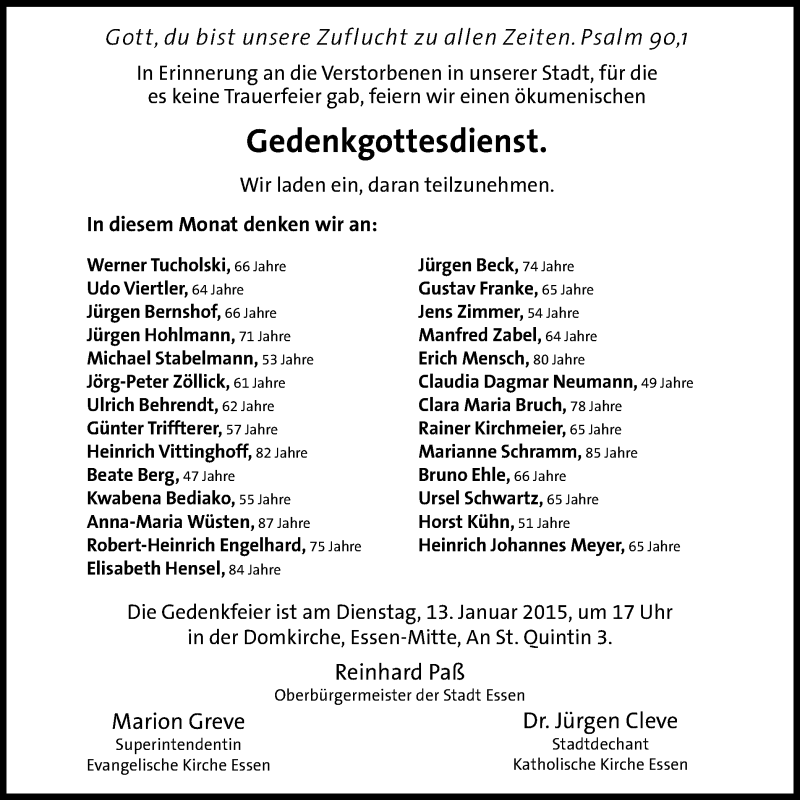  Traueranzeige für Gedenkgottesdienst  vom 10.01.2015 aus Stadtspiegel Essen