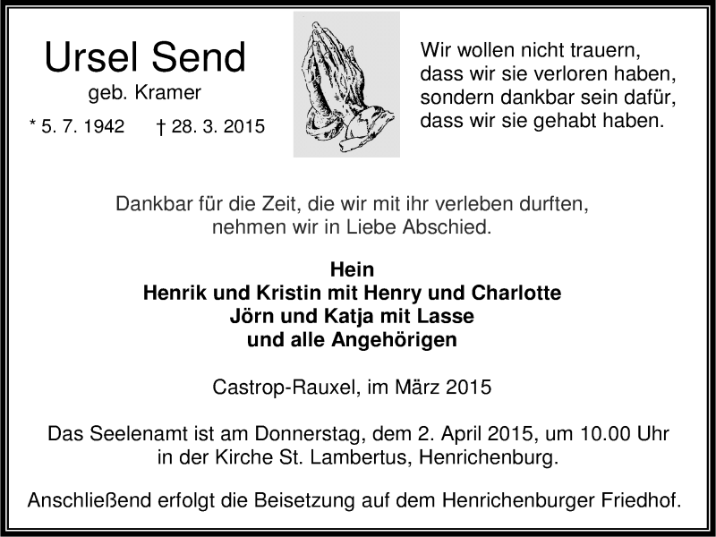  Traueranzeige für Ursel Send vom 01.04.2015 aus Stadtanz.Castrop-Rauxel