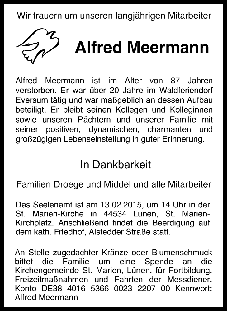  Traueranzeige für Alfred Meermann vom 11.02.2015 aus Lüner Anzeiger