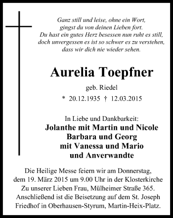 Traueranzeige von Aurelia Toepfner von Wochen-Anzeiger Oberhausen