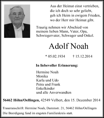Traueranzeige von Adolf Noah von WVW Anzeigenblätter