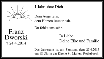 Traueranzeige von Franz Dworski von Wochen-Anzeiger Oberhausen