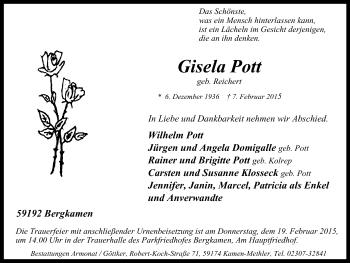 Traueranzeige von Gisela Pott von WVW Anzeigenblätter