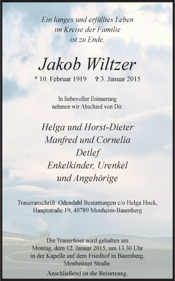 Traueranzeige von Jakob Wiltzer von Wochen-Anzeiger Langenfeld/Monheim/Hilden